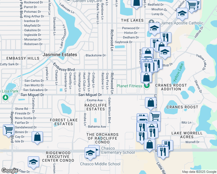 map of restaurants, bars, coffee shops, grocery stores, and more near 9030 Gray Fox Lane in Port Richey