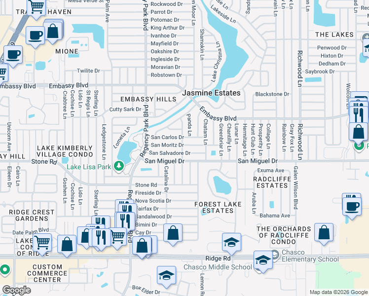 map of restaurants, bars, coffee shops, grocery stores, and more near 7404 San Moritz Drive in Port Richey