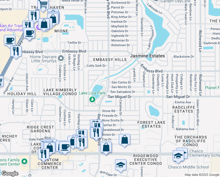 map of restaurants, bars, coffee shops, grocery stores, and more near 7206 San Moritz Drive in Port Richey