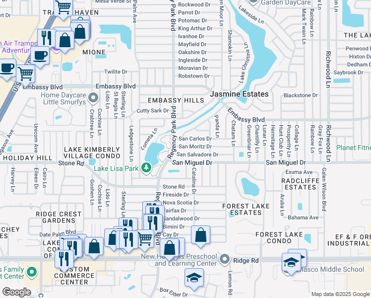map of restaurants, bars, coffee shops, grocery stores, and more near 7221 San Salvadore Drive in Port Richey