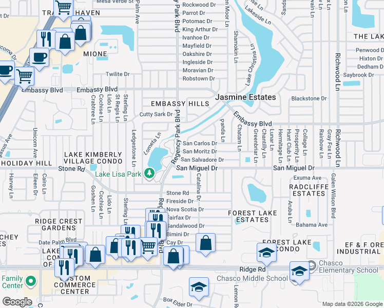 map of restaurants, bars, coffee shops, grocery stores, and more near 7221 San Salvadore Drive in Port Richey