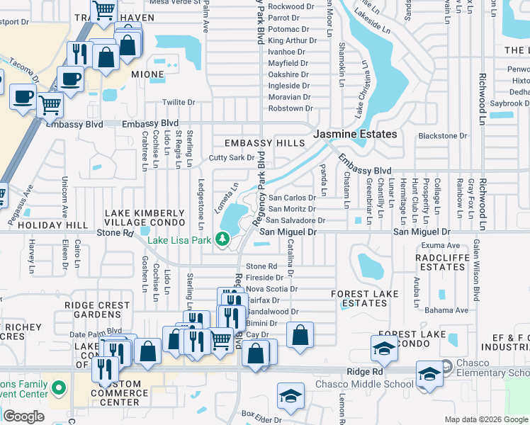 map of restaurants, bars, coffee shops, grocery stores, and more near 7221 San Salvadore Drive in Port Richey
