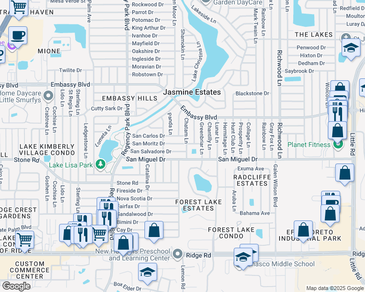 map of restaurants, bars, coffee shops, grocery stores, and more near 7500 San Moritz Drive in Port Richey