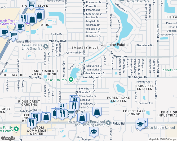map of restaurants, bars, coffee shops, grocery stores, and more near 7220 San Moritz Drive in Port Richey