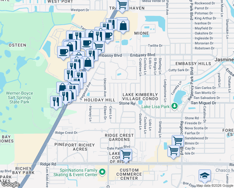 map of restaurants, bars, coffee shops, grocery stores, and more near 9025 Robert Avenue in Port Richey