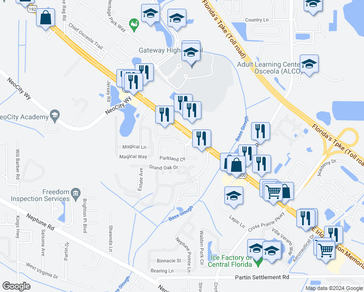 map of restaurants, bars, coffee shops, grocery stores, and more near 2104 East Irlo Bronson Memorial Highway in Kissimmee