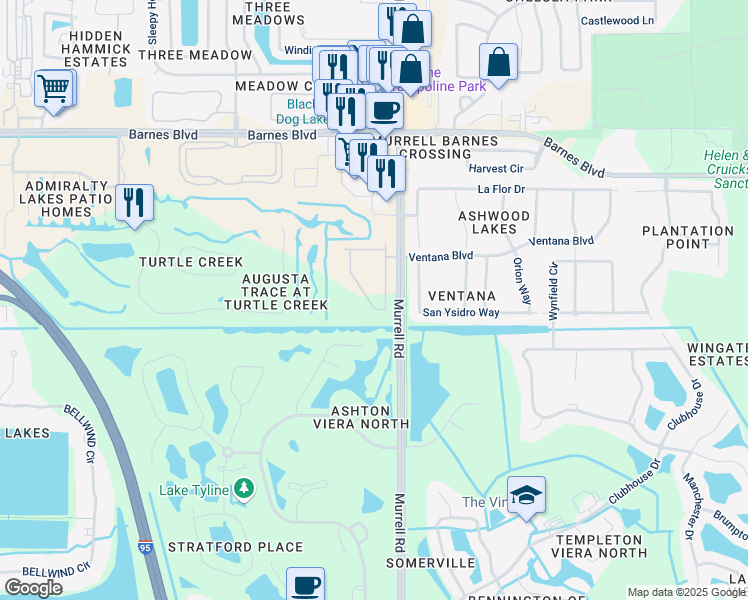 map of restaurants, bars, coffee shops, grocery stores, and more near 4056 Meander Place in Rockledge