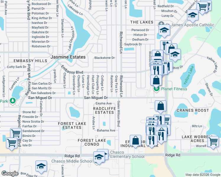 map of restaurants, bars, coffee shops, grocery stores, and more near 9035 Rainbow Lane in Port Richey