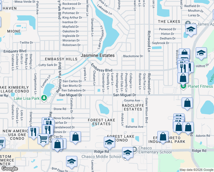 map of restaurants, bars, coffee shops, grocery stores, and more near 9035 Chantilly Lane in Port Richey
