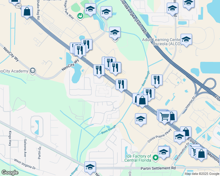 map of restaurants, bars, coffee shops, grocery stores, and more near 302 Parkland Circle in Kissimmee