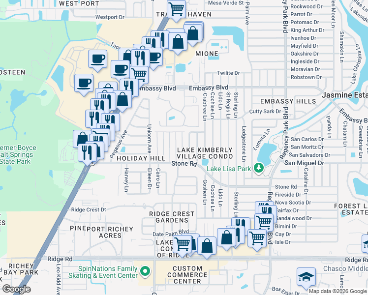 map of restaurants, bars, coffee shops, grocery stores, and more near 9020 Saint Clair Lane in Port Richey
