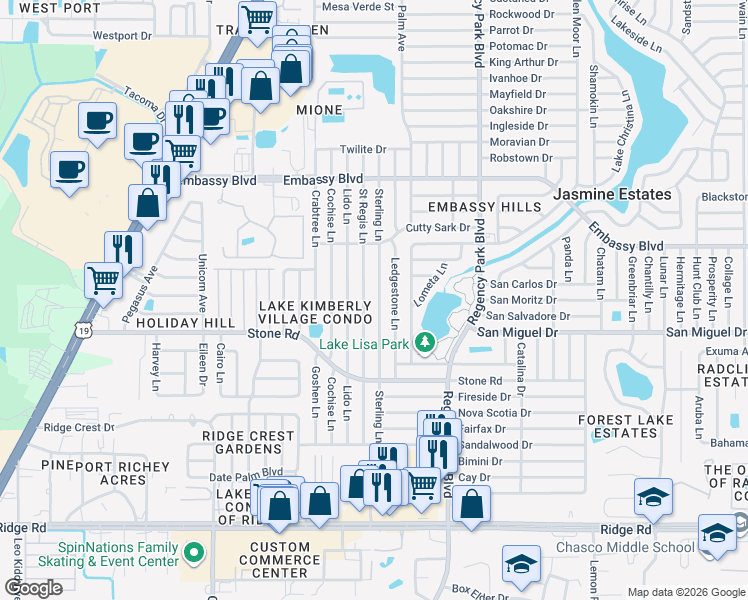 map of restaurants, bars, coffee shops, grocery stores, and more near 9021 Saint Regis Lane in Port Richey