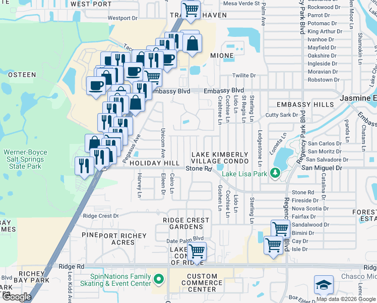 map of restaurants, bars, coffee shops, grocery stores, and more near 9025 Robert Avenue in Port Richey