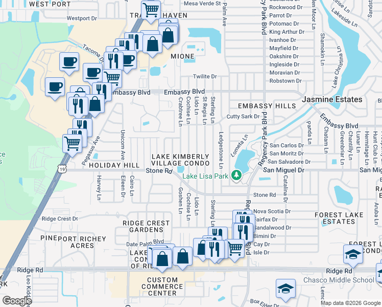 map of restaurants, bars, coffee shops, grocery stores, and more near 6750 Moonglow Drive in Port Richey
