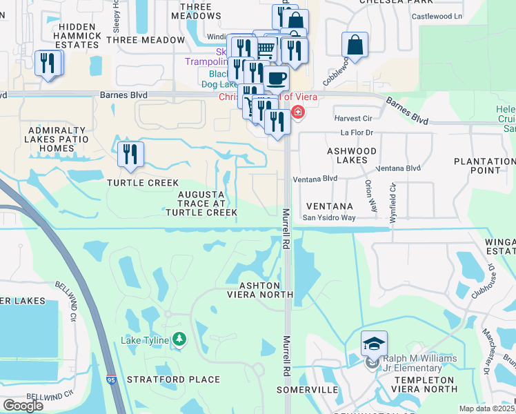 map of restaurants, bars, coffee shops, grocery stores, and more near 4067 Meander Place in Rockledge