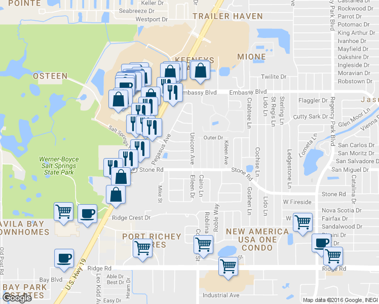 map of restaurants, bars, coffee shops, grocery stores, and more near 6404 Hyperion Drive in Port Richey