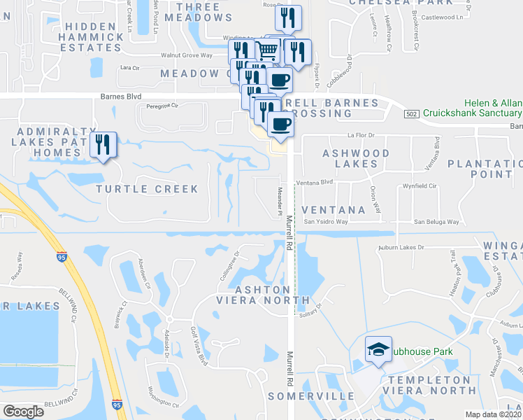 map of restaurants, bars, coffee shops, grocery stores, and more near 4067 Meander Place in Rockledge