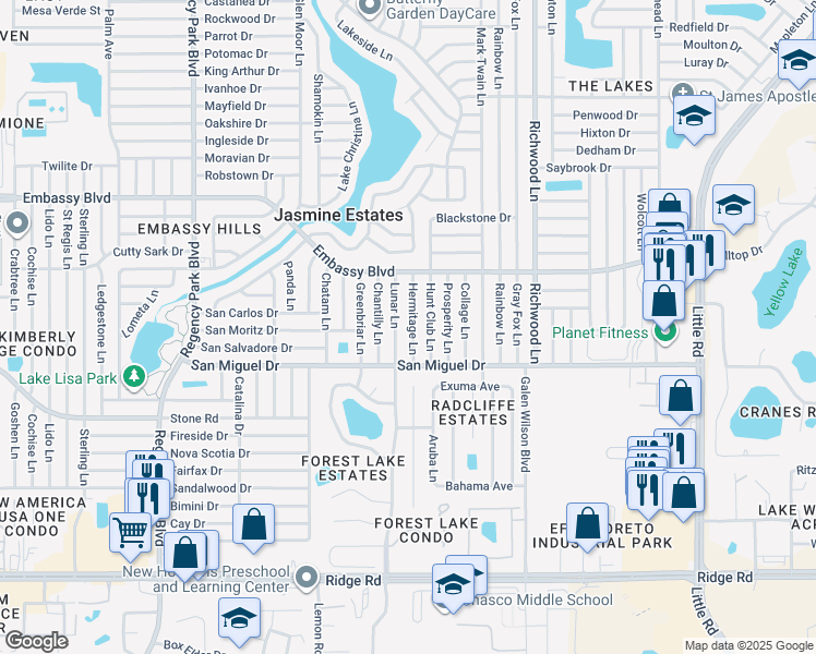 map of restaurants, bars, coffee shops, grocery stores, and more near 9020 Lunar Lane in Port Richey