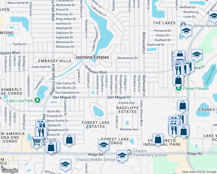 map of restaurants, bars, coffee shops, grocery stores, and more near 9020 Lunar Lane in Port Richey