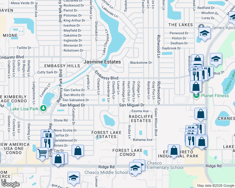 map of restaurants, bars, coffee shops, grocery stores, and more near 9041 Lunar Lane in Port Richey