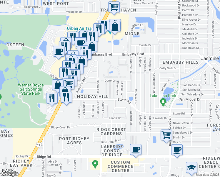 map of restaurants, bars, coffee shops, grocery stores, and more near 9036 Shawn Avenue in Port Richey