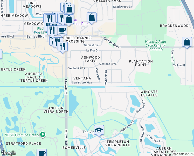 map of restaurants, bars, coffee shops, grocery stores, and more near 4124 San Ysidro Way in Rockledge