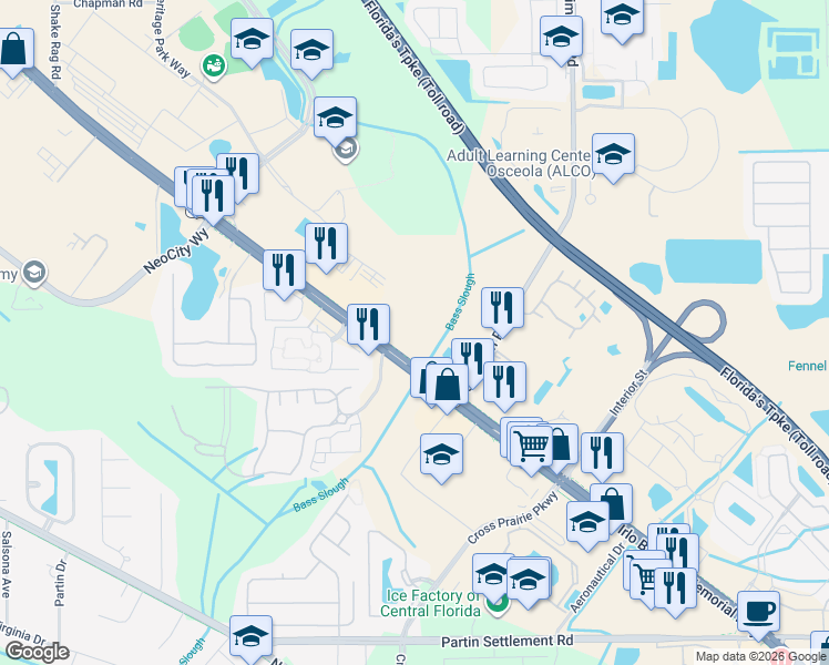 map of restaurants, bars, coffee shops, grocery stores, and more near 2145 East Irlo Bronson Memorial Highway in Kissimmee