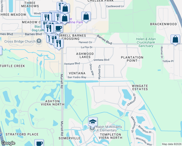 map of restaurants, bars, coffee shops, grocery stores, and more near 4124 San Ysidro Way in Rockledge