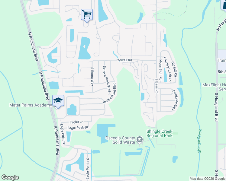 map of restaurants, bars, coffee shops, grocery stores, and more near 4660 Prairie Point Boulevard in Kissimmee