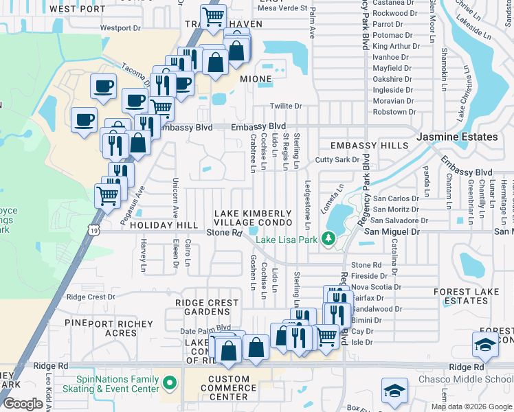 map of restaurants, bars, coffee shops, grocery stores, and more near 6750 Moonglow Drive in Port Richey