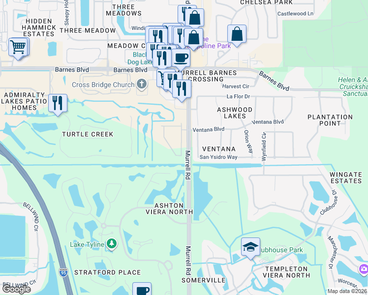 map of restaurants, bars, coffee shops, grocery stores, and more near 4007 Meander Place in Rockledge
