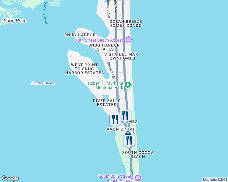 map of restaurants, bars, coffee shops, grocery stores, and more near 18 Indian Village Trail in Cocoa Beach