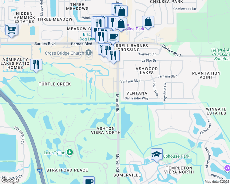 map of restaurants, bars, coffee shops, grocery stores, and more near 4007 Meander Place in Rockledge