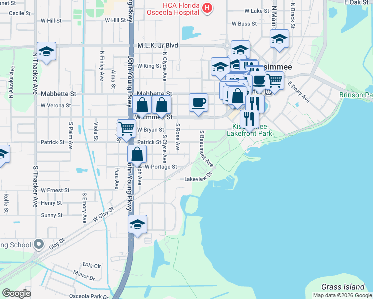 map of restaurants, bars, coffee shops, grocery stores, and more near 2 West Bryan Street in Kissimmee