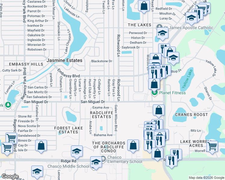 map of restaurants, bars, coffee shops, grocery stores, and more near 9120 Gray Fox Lane in Port Richey