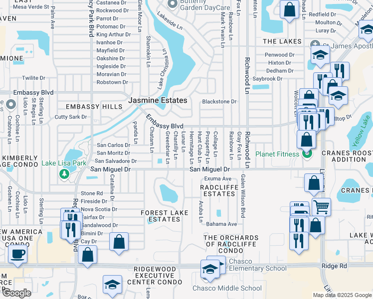 map of restaurants, bars, coffee shops, grocery stores, and more near 9120 Lunar Lane in Port Richey