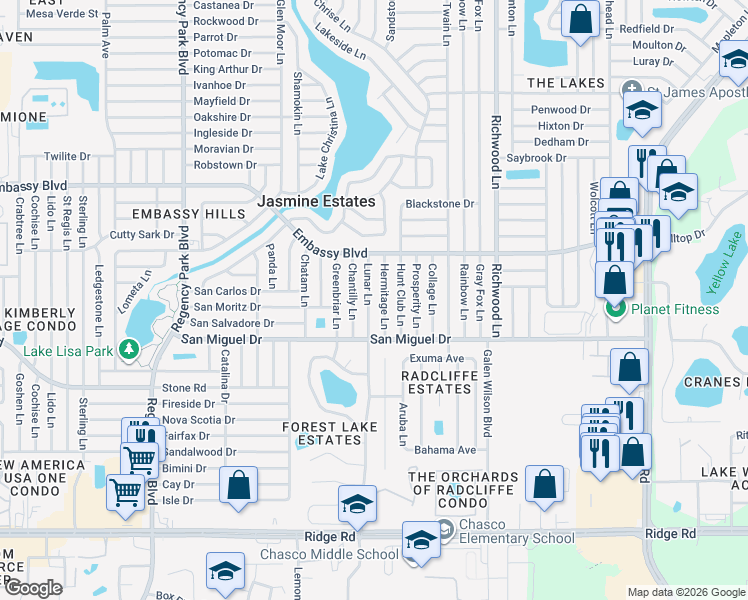 map of restaurants, bars, coffee shops, grocery stores, and more near 9120 Lunar Lane in Port Richey