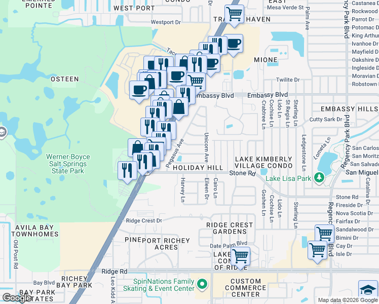 map of restaurants, bars, coffee shops, grocery stores, and more near 6341 Hyperion Drive in Port Richey