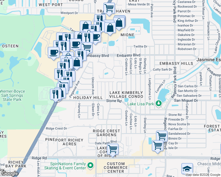 map of restaurants, bars, coffee shops, grocery stores, and more near 9112 Shawn Avenue in Port Richey