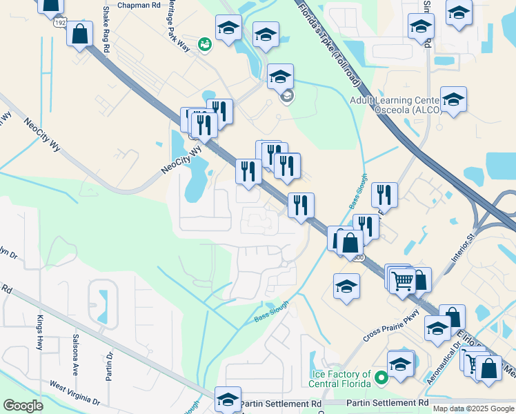 map of restaurants, bars, coffee shops, grocery stores, and more near 315 Parkland Circle in Kissimmee