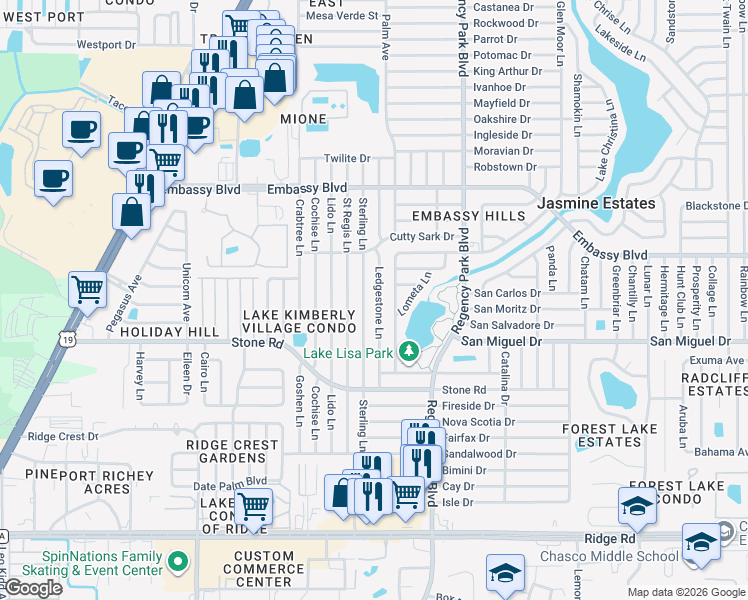 map of restaurants, bars, coffee shops, grocery stores, and more near 9121 Ledgestone Lane in Port Richey