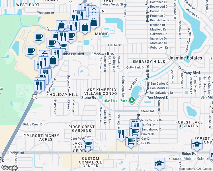 map of restaurants, bars, coffee shops, grocery stores, and more near 9104 Cochise Lane in Port Richey