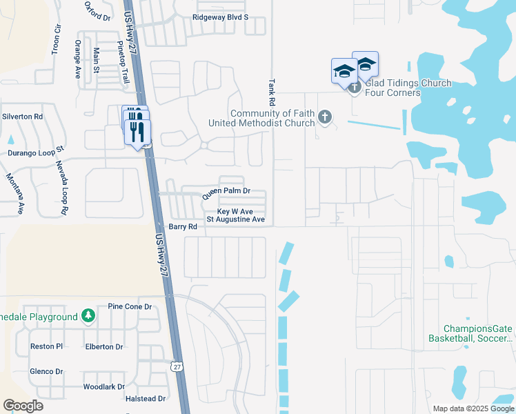 map of restaurants, bars, coffee shops, grocery stores, and more near 639 Key Biscayne Avenue in Davenport