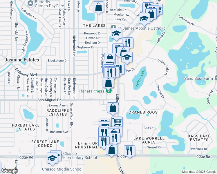 map of restaurants, bars, coffee shops, grocery stores, and more near 9117 Crane's Roost Drive in New Port Richey