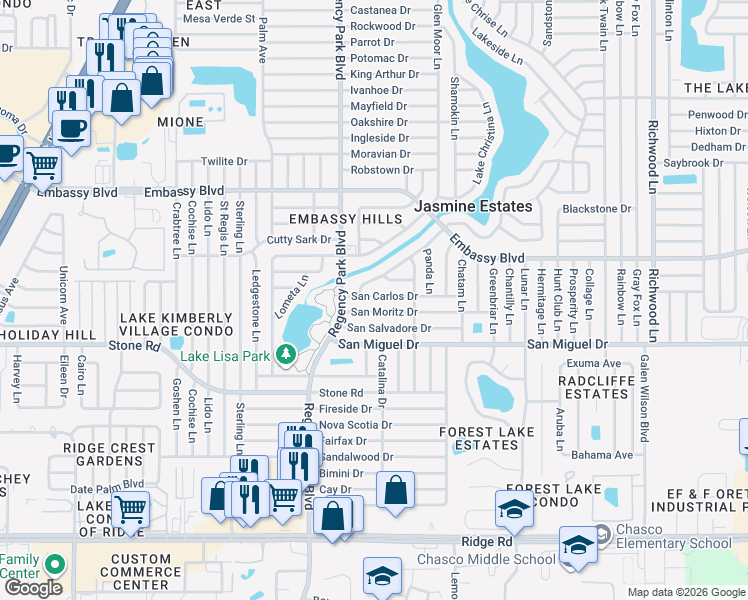 map of restaurants, bars, coffee shops, grocery stores, and more near 7236 San Carlos Drive in Port Richey