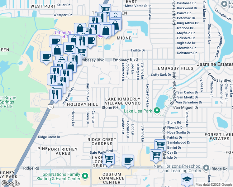 map of restaurants, bars, coffee shops, grocery stores, and more near 9120 Saint Clair Lane in Port Richey
