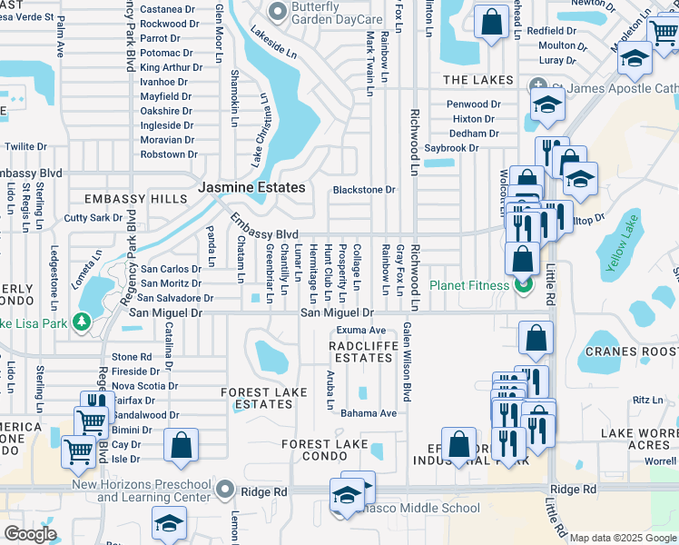 map of restaurants, bars, coffee shops, grocery stores, and more near 9105 Prosperity Lane in Port Richey