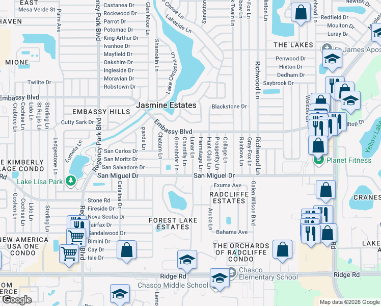 map of restaurants, bars, coffee shops, grocery stores, and more near 9105 Lunar Lane in Port Richey