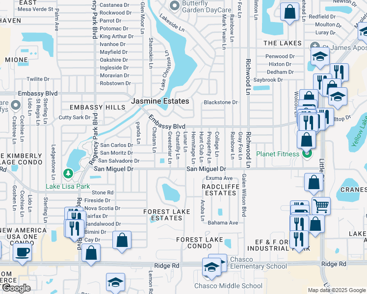 map of restaurants, bars, coffee shops, grocery stores, and more near 9105 Lunar Lane in Port Richey