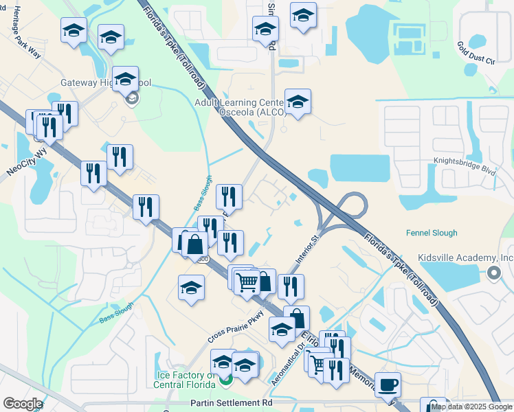 map of restaurants, bars, coffee shops, grocery stores, and more near 2306 Simpson Ridge Circle in Kissimmee
